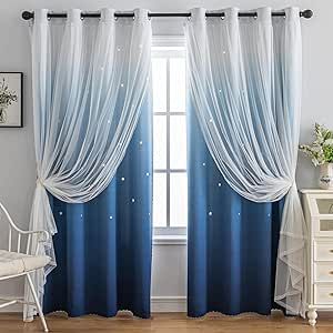 Celestial House Decor, Cute Curtains Bedroom Aesthetic, 2 Layer Curtains, Dark Blue Room Decor, Curtain Styles Living Room, Teal Room Ideas, Sky Room Decor, Turquoise Room Decor, Unique Curtain Ideas