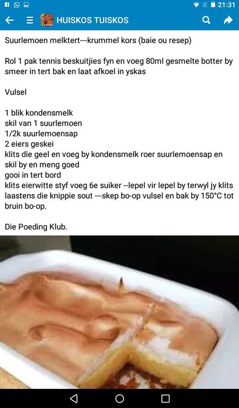 Koue Poedings, Suurlemoen Tert, Tert Resepte, Resepte Afrikaans, Afrikaans Recipes, Milk Tarts, Milk Recipes Dessert, Potato Cakes Recipe, Afrikaanse Resepte