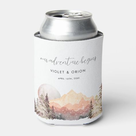 Welcome guests to your wedding in style with these "Our Adventure Begins" beer can coolers. The design features a watercolor mountains scenery and script text. Woodsy Wedding Favors, Cool Wedding Favors, October Wedding Favors, Our Adventure Begins Wedding, Let The Adventure Begin Wedding, Our Adventure Begins, Christmas Winter Wedding, Mountains Scenery, Custom Koozies Wedding