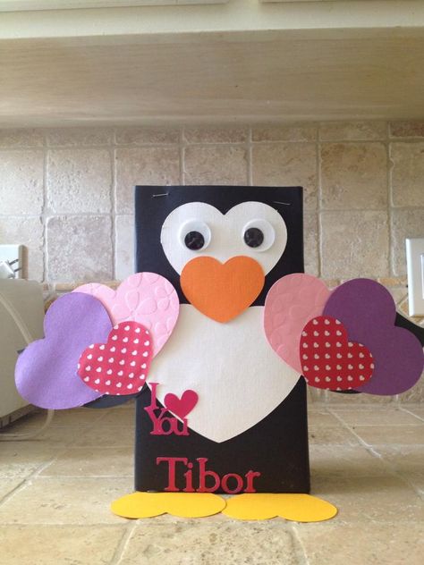 Penguin Valentine Box Penguin Valentines Day Boxes, Panda Valentines Boxes, Heart Penguin Craft Preschool, Penguin Valentines, Valentine Penguin, Homemade Valentine Boxes, Elephant Valentine, Tissue Box Crafts, Girls Valentines Boxes