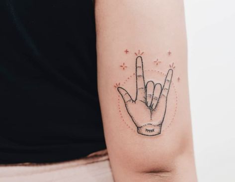 I Love You Asl Tattoo Skeleton, I Love You Asl Tattoo Fine Line, I Love You Sign Language Tattoo With Flowers, Rock Sign Tattoo, I Love You Hand Sign Tattoo, Love Sign Tattoo, Sign Language Tattoo Ideas, I Love You Sign Language Tattoo, Asl Tattoo