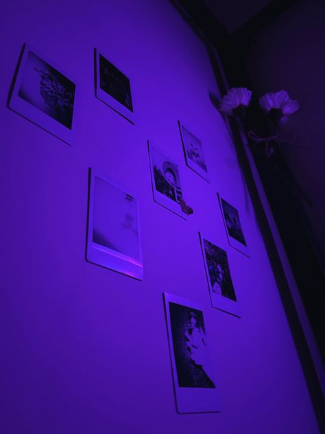 Purple Polaroid Aesthetic, Ashley Campbell Aesthetic, Purple Aesthetic Grunge, Purple Polaroid, Purple Aesthetic Bedroom, Ash Campbell, Room Decor 90s, Polaroid Wall Decor, Edgy Bedroom