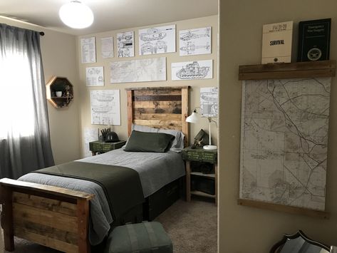 Military bedroom Army Themed Bedroom, Boys Military Bedroom, Military Themed Bedroom, Military Bedroom Ideas, Military Room Ideas, Boys Army Bedroom, Forrest Bedroom, Military Bedroom, Green Boys Room