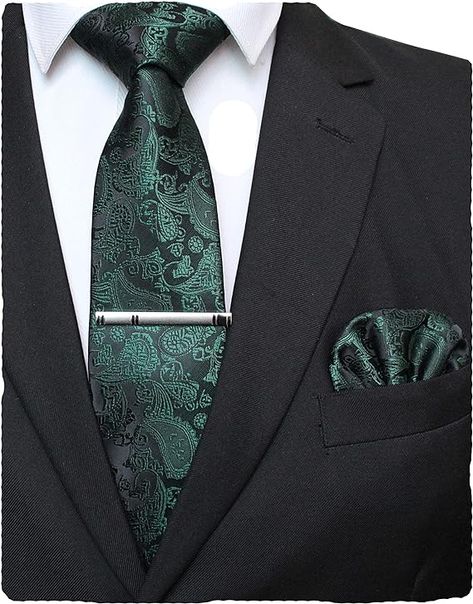 Amazon.com: JEMYGINS Dark Green Paisley Tie Wedding Business Silk Necktie and Pocket Square, Hankerchief with Tie Clip Sets for Men(7) : Clothing, Shoes & Jewelry Clip Dark, Emerald Green Wedding Theme, Dark Green Wedding, Paisley Wedding, Dark Wedding Theme, Green Themed Wedding, Emerald Green Weddings, Goth Wedding, Dark Wedding