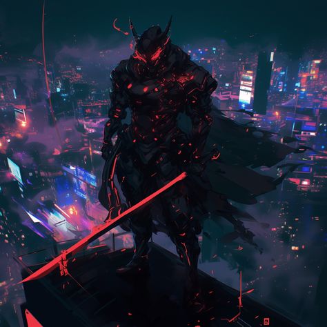 Cyberpunk Swordsman #ninja #demon #cool #characterdesign #fantastic #artwork #fantasy #aiart #digitalart #dailyart #artifialintelligence #digitalartist #midjourney #midjourneyart #conceptart #swordsman Cyberpunk Swordsman, Robot Creature, Battle Beast, Comic Ideas, Futuristic Armor, Dark Warrior, Shadow 2, Anime Shadow, Film Art