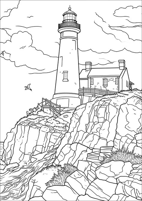 Lighthouse on a cliff - JustColor.net : Free printable coloring pages for adults and kids Lighthouse Coloring Pages, Lighthouse Coloring, Landscape Coloring Pages, Ancient Greece Mythology, Lighthouse Drawing, Farm Scenery, Fantasy Fairies, Tibet Art, Pop Art Tattoos