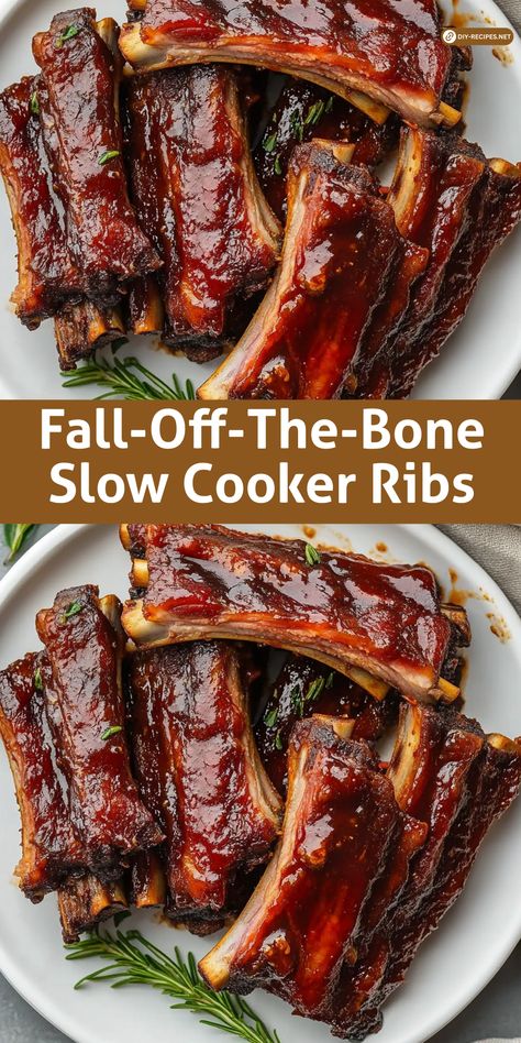 Create fall-off-the-bone ribs with this easy slow cooker recipe! Season, slow cook, and finish with a BBQ sauce glaze in the oven. These ribs are tender, flavorful, and simply irresistible! How To Cook Beef Ribs In The Crock Pot, Ribs In The Slow Cooker, Slow Cooker Recipes Ribs, Best Slow Cooker Ribs, Ribs In Oven Fall Off The Bone Crock Pot, Oven Cooked Ribs Slow, Slow Cooker Bbq Ribs Crock Pots, Healthy Ribs Recipe, Crockpot Rib Recipes