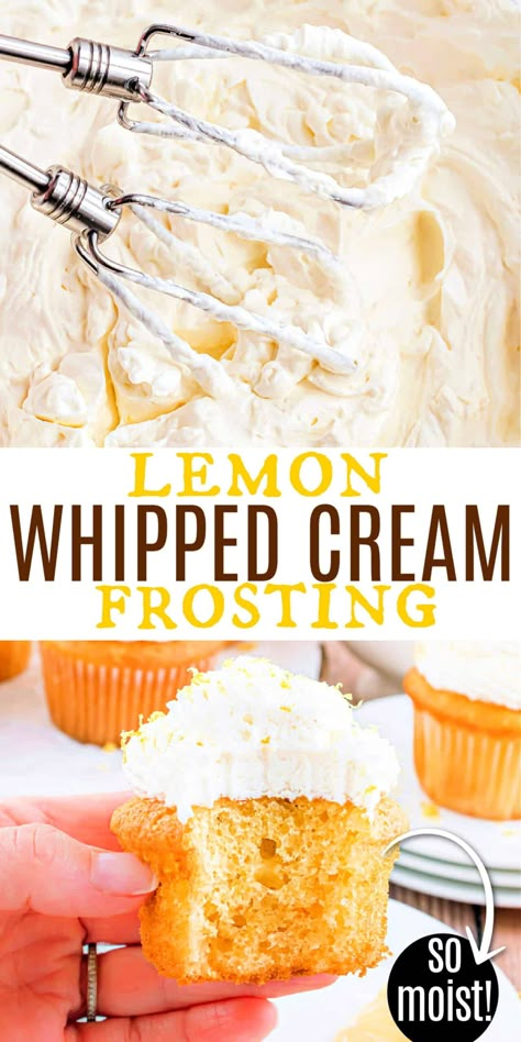 Lemon Whipped Cream Frosting, Heavy Cream Frosting, Lemon Cake Frosting, Lemon Frosting Recipes, Strawberry Cake Design, Lemon Cake Filling, Cream Frosting Recipe, Stabilized Whipped Cream Frosting, Whipped Cream Frosting Recipe