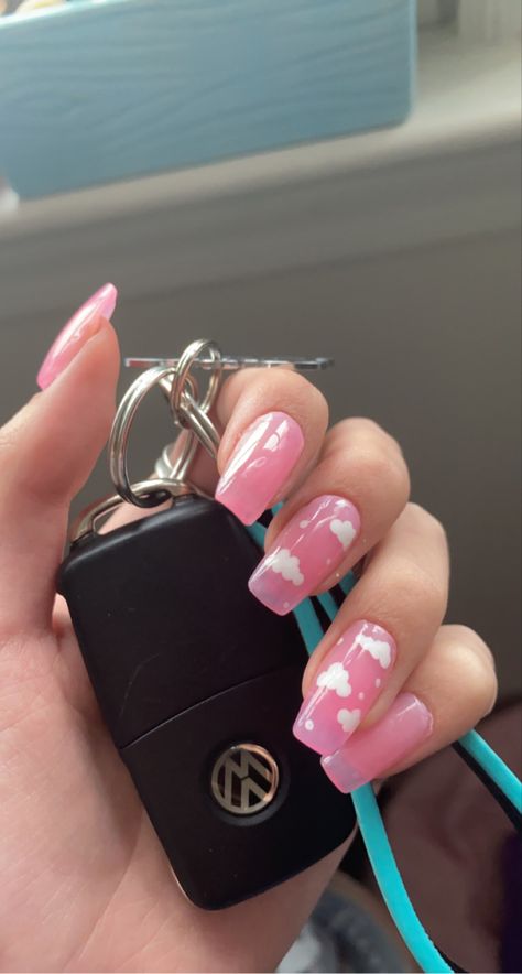 Soft Acrylic Nails Aesthetic, Pink Nails Polygel, Volkswagen Beetle Keys, Polygel Nails Pink, Volkswagen Nails Art, Aesthetic Medium Nails, Pink Jelly Nails Designs, Pink Nails With Clouds, Nails Polygel Design