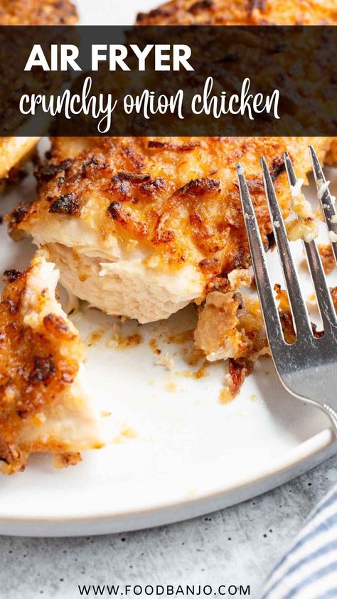 crunchy onion chicken cut with a fork and knife Air Fryer French Onion Chicken, Chicken Breastrecipes Boneless Airfry, Chicken Marinade Air Fryer, French Door Air Fryer Recipes, Air Fryer Chicken Recipes Easy, Air Fry Meals, Vortex Air Fryer Recipes, Crunchy Onion Chicken, Crispy Onion Chicken