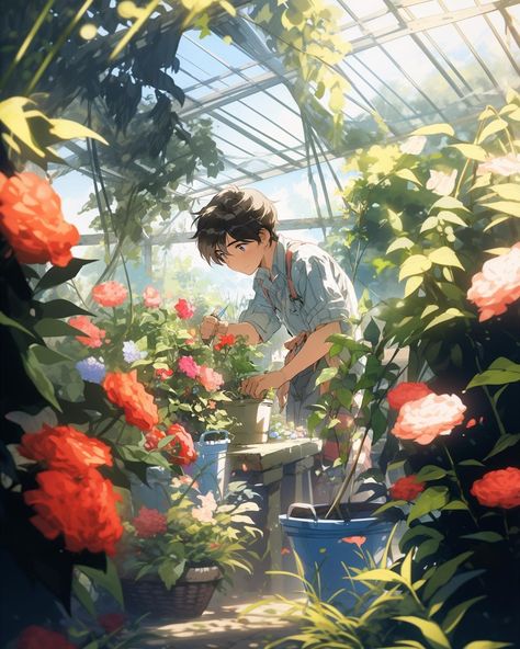 Plant Anime Aesthetic, Anime Plants Aesthetic, Anime Gardening, Plants Anime, Flower Ladder, Anime Garden, Anime Spring, Boys Garden, Anime Flower