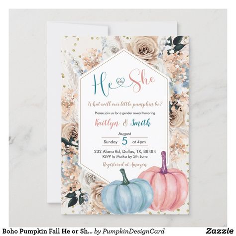 Boho Pumpkin Fall He or She Gender Reveal Invitati Invitation Fall Theme Gender Reveal, He Or She Gender Reveal, Boho Pumpkin, Unique Baby Shower Gifts, Gender Reveal Invitations, Fall Theme, Baby Gender Reveal, He Or She, Pumpkin Fall