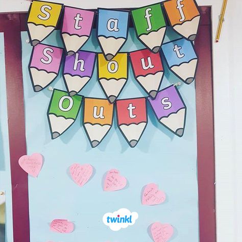 Meet Our Staff Board, Staff Shout Out Bulletin Board, Staff Room Decoration Ideas, Staff Shout Out Board, Staff Shout Outs, Shout Out Board, School Room Decorations, Teacher Wellbeing, Employee Appreciation Board