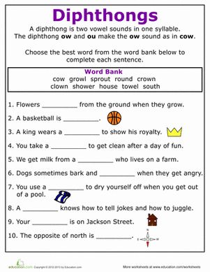 Second Grade Phonics Worksheets: Practice Reading Vowel Diphthongs: ow Dipthongs Worksheets, Diphthongs Activities, Diphthongs Worksheets, Reading Practice Worksheets, Vowel Diphthongs, Worksheets 3rd Grade, Teaching Vowels, Intervention Activities, Writing Comprehension