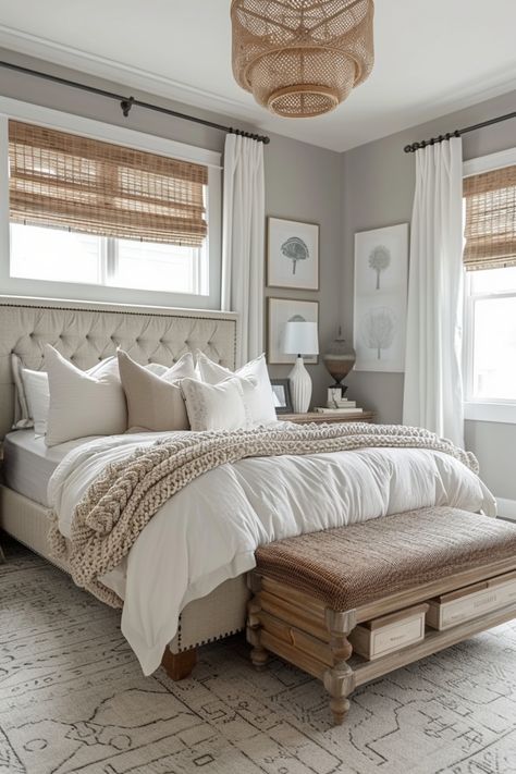 Cozy bedroom with a woven chandelier, tufted bed, neutral bedding, and a wooden bench at the foot. Natural light filters through bamboo shades. Chic Farmhouse Bedroom Ideas, Wooden Bed Frame Rustic, Farmhouse Guest Bedroom, Hardwood Bedroom Floors, Farmhouse Bedroom Ideas, Best Bedroom Designs, Farmhouse Bedroom Decor Ideas, Neutral Bedroom Decor, Minimalist Space