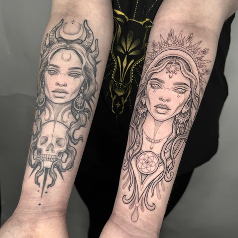 ‘Light and dark’ matching goddess’ for the lovely @cerystattoo 🙏 First one we did nearly 2 years ago! Thank you so much for returning and trust me with your skin once again! @unit__two . . #tattoo #tattoos #tattooideas #goddesstattoo #brightontattoo #mandalatattoo #eyetattoo #suntattoo Nyx Goddess Tattoo, Dark Goddess Tattoo, Lil Tattoos, Chris Tattoo, Brighton Tattoo, Gaia Goddess, Night Tattoo, Valkyrie Tattoo, Torso Tattoos