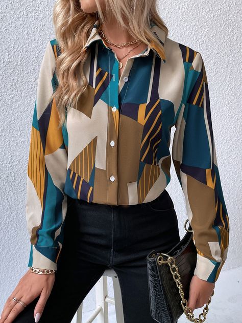 Casual Long Sleeve Shirts, Women Blouses, Geo Print, Women Shirts Blouse, Long Sleeve Shirt Dress, Button Front Shirt, Fall Outfits Women, Corsets, Women Tops