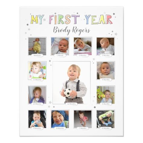 Baby's First Year, Gender Neutral Keepsake Collage Photo Print 12 Month Picture Frame, Photo Collage Ideas, Baby Photo Collages, Baby Collage, Neutral Nurseries, Photo Print Sizes, Baby Boy Scrapbook, First Year Photos, Baby Frame