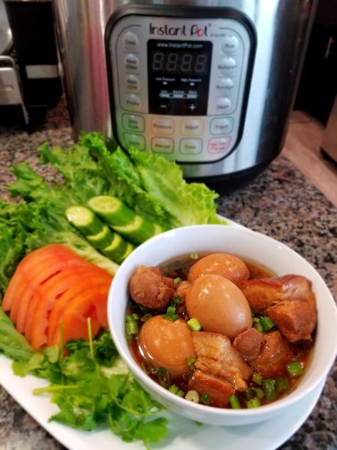 Katie's Test Kitchen - Thịt Kho Tàu Instant Pot (Vietnamese Caramelized Pork and Eggs) Thit Kho Recipe, Pork And Eggs, Thit Kho, Caramelized Pork, Vietnamese Pork, Boiled Vegetables, Vietnamese Cuisine, Braised Pork, Vietnamese Recipes