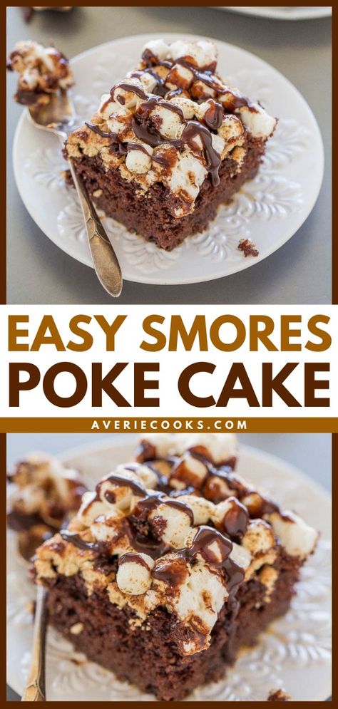 Easy Smores Cake (Poke Cake Recipe) - Averie Cooks Smores Dirt Cake, Smore Cake Recipe, Box Cake Ideas Birthday, S’more Cake, Smores Poke Cake, Marshmallow Poke Cake, Smore Cake, Dump Cake Crockpot, Smores Cake Recipe