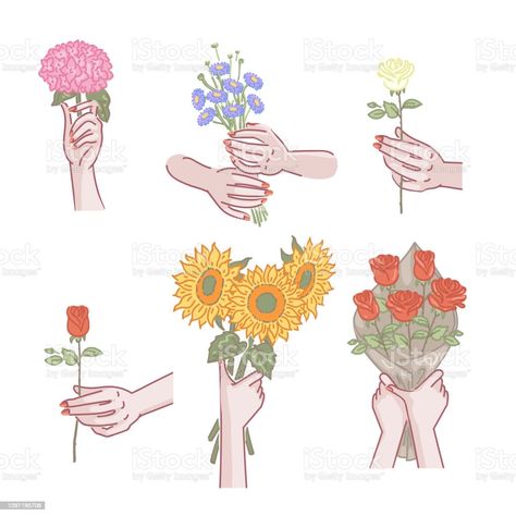 Hand Holding Flower Drawing Reference, Holding Flower Bouquet, Hand Holding Something, Hand Holding Rose, Rose In Hand, Flower Bouquet Drawing, Rose Reference, Hands Holding Flowers, Flower Icon