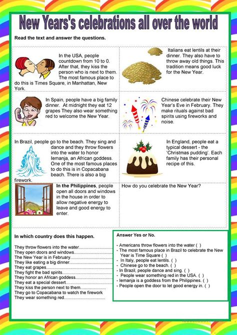 New Year's celebration - English ESL Worksheets for distance learning and physical classrooms New Years Superstitions, Christmas Reading Activities, New Years Eve Traditions, English Ideas, New Year Text, Class Activity, New Years Traditions, Christmas Reading, New Years Activities