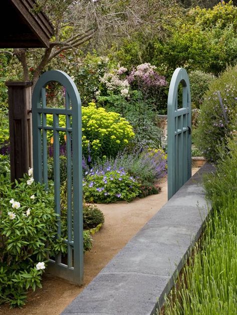 Blue Garden Gate Garden Design Calimesa, CA Spring Garden Ideas, Garden Gate Design, Gates Design, Garden Activities, Cottage Garden Design, Blue Garden, Front Yard Garden, Garden Pathway, Garden Gate