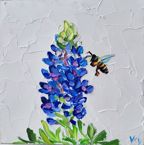 Abstract Bluebonnet Painting, How To Paint Bluebonnets Easy, Blue Bonnet Painting, Texas Bluebonnets Art, Honey Bee Painting, Bluebonnet Art, Bumble Bee Painting, Bluebonnet Painting, Texas Landscape