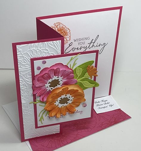 Stampin Up Simply Flowering Zinnias, Simple Flower Cards Handmade, Su Zinnia Cards, Simply Zinnias Stampin Up Cards, Die Cut Birthday Cards, Su Simply Zinnia Cards, Stampin Up Simply Zinnia Cards, Stampin Up Zinnia Cards, Simply Zinnia Stampin Up Cards