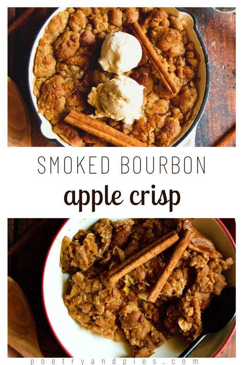 Fall Smoked Food, Smoked Apple Crisp Recipe, Smoker Apple Crisp, Apple Crisp On The Smoker, Traeger Apple Crisp, Bourbon Caramel Apple Pie, Smoked Fall Recipes, Apple Whiskey Recipes, Smoked Apple Recipes