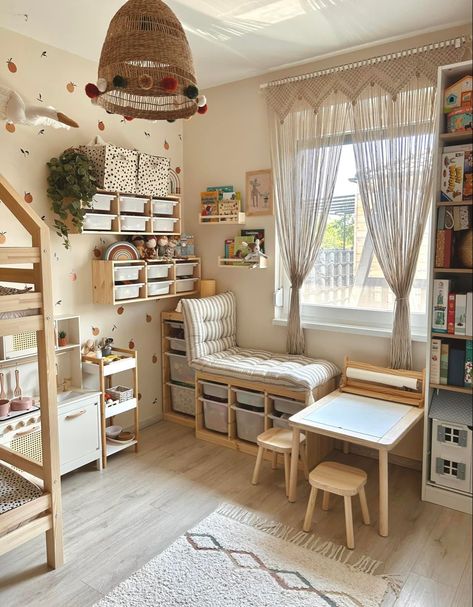 Pretty Playroom Ideas, Scandi Toddler Bedroom, Multifunctional Playroom, Trofast Bedroom, Playroom Bedroom Combo, Small Playroom Ideas Space Saving, Bedroom Playroom Combo, Playroom And Bedroom Combined, Trofast Kids Room