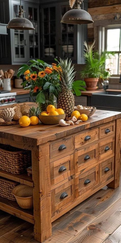 Goth Farmhouse, Unique Kitchen Island, Old World Kitchens, Update Kitchen Cabinets, Tropical Kitchen, Wood Kitchen Island, Wooden Counter, Farmhouse Kitchen Cabinets, Diy Interior