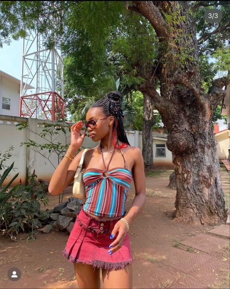 y2k , braids , Nollywood , African vibes , Nigerian vibes Halter Tops Outfit, Halter Cami Top, Indie Festival, Striped Halter Top, Halter Vest, Off Shoulder T Shirt, Y2k Casual, Vintage Crop Tops, Streetwear Summer