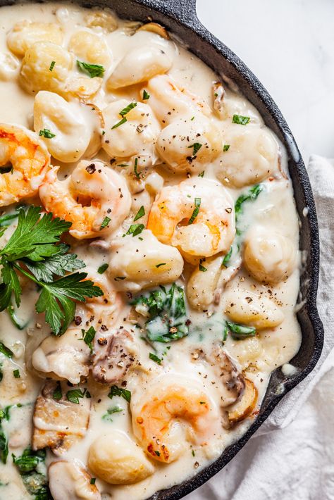 One Pan Creamy Gnocchi With Shrimp and Spinach | Olive & Mango Gnocchi Seafood Recipes, Gnocchi Recipes Shrimp, Gnocchi With Shrimp Recipes, Gnocchi And Shrimp Recipes, Seafood Gnocchi Recipes, Shrimp And Gnocchi Recipes, Shrimp Gnocchi Recipes, Gnocchi Shrimp, Shrimp And Gnocchi