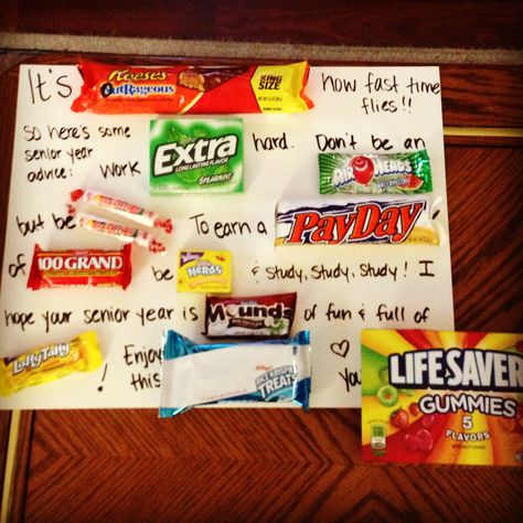 Candy poster for my senior home room students. Happy first day of school!!! Thanks Pinterest :) Senior Candy Poster, Candy Gram Ideas For Work, First Day Of Senior Year Gift Ideas, Senior First Day Of School Ideas, Candy Posters, College Finals, Madison Grace, Candy Board, Candy Poster