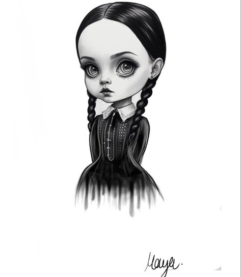 Wednesday Addams Tattoo Design, Wednesday Addams Cartoon Drawing, Wednesday Addams Illustration, Wednesday Tattoo, Wednesday Addams Tattoo, Voodoo Tattoo, Cool Ear Tattoos, Ear Tattoo Ideas, Horror Drawing