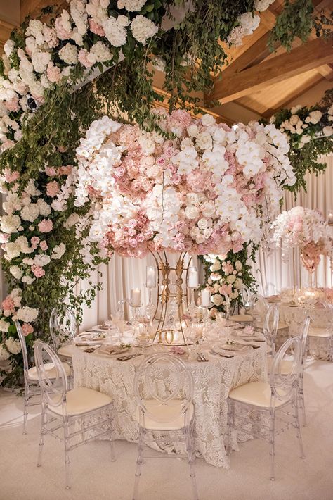 19 Elaborate Wedding Tablescapes To Make You Swoon | OneFabDay.com Ireland Elegant Color Schemes, Wedding Table Decorations Elegant, Pink Wedding Theme, Wedding Floral Centerpieces, Wedding Inside, Elegant Color, Wedding Table Decorations, Wedding Table Settings, Wedding Tablescapes