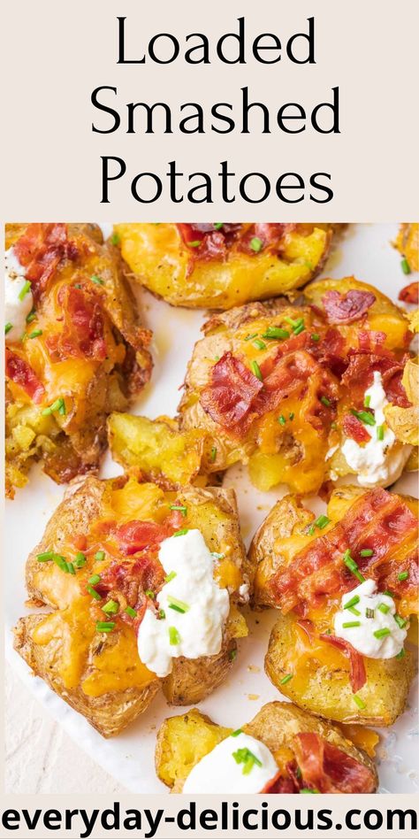 Loaded smashed potatoes make an amazing appetizer or side dish. Crispy flavorful smashed potatoes are topped with sharp cheddar, crispy bacon, sour cream, and chives. They are packed with flavor and crazy good! They are easy to serve for a crowd and will be gone in seconds! Crispy Potatoes In Oven, Loaded Smashed Potatoes, Polish Potato Pancakes, Smashed Potatoes Baked, Cheddar Potatoes, Potatoes In Oven, Bacon In The Oven, Bacon Potato, Cooking Bacon