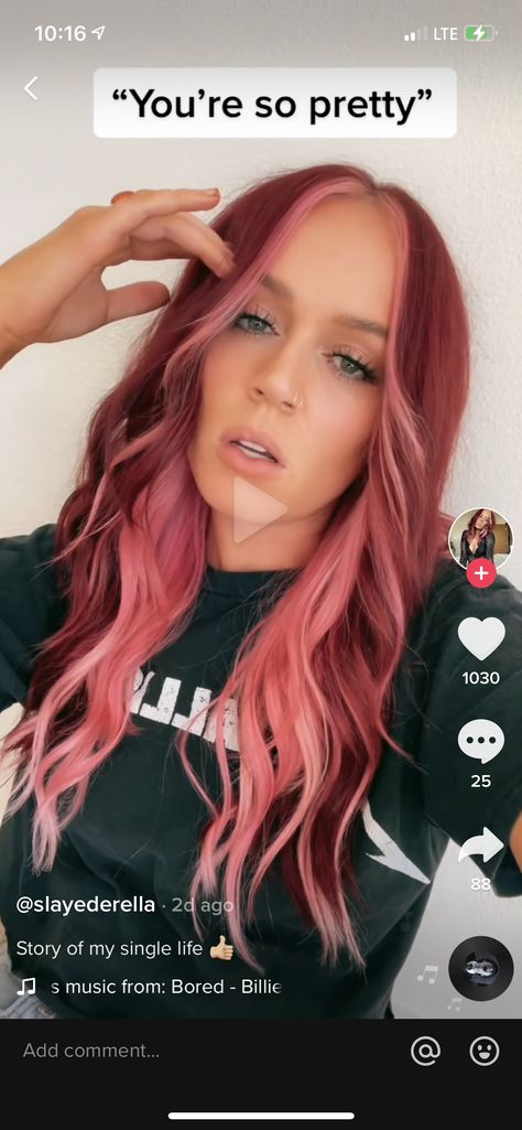 Red And Pink Halo Hair, Magenta Hair With Blonde Money Piece, Copper Hair Pink Money Piece, Pink Face Frame Hair, Halo Split Dye Hair, Pink And Auburn Hair, Blonde And Red Hair Peekaboo, Copper Hair With Pink Money Piece, Pastel Pink Money Piece Hair