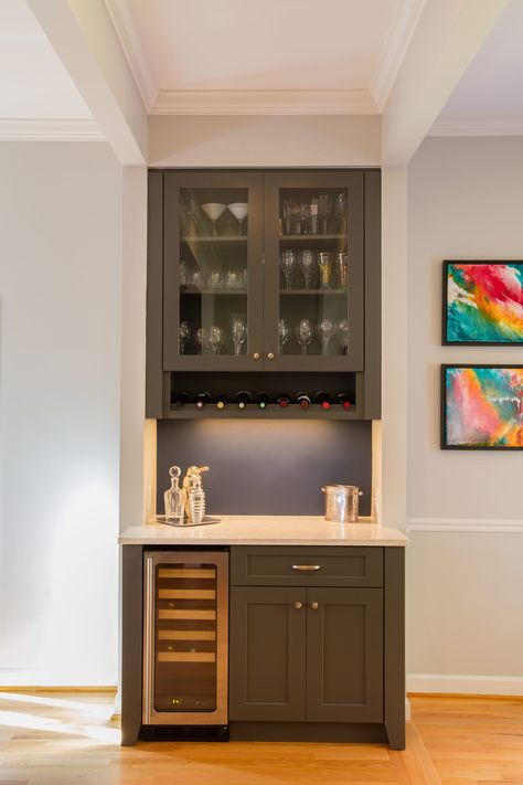 Wentworth Cabinets With Wine Storage, Narrow Wine Bar Ideas, Narrow Dry Bar, Dry Bar With Cabinets, Built In China Cabinet With Wine Fridge, Custom Built In Bars For Home, Dining Area Storage Ideas, Fridge In Dining Area, Small Home Wine Bar