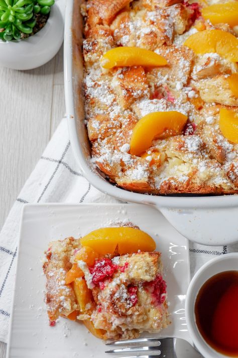 Easy Raspberry Peach Baked French Toast Recipe - Powered By Mom Baby Shower Brunch Ideas, Shower Brunch Ideas, Best Mimosa Recipe, Baked French Toast Recipe, Savory Brunch Recipes, French Toast Bake Overnight, Stuffed French Toast Cream Cheese, Baked French Toast Casserole, French Toast Bake Recipe