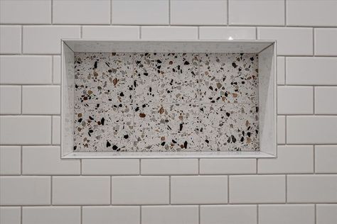 Terrazzo tile shower niche Terrazzo Shower Niche, Dark Terrazzo Bathroom, Granny Bathroom, Dark Terrazzo, Tile Shower Niche, Terrazzo Bathroom, Bathroom Niche, Terrazzo Tile, Shower Niche