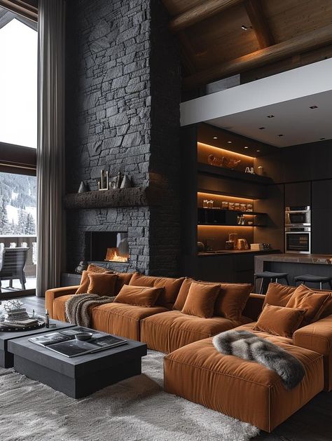 Black Home Aesthetic Living Room, Copper Interior Design Living Room, Dark Fireplace Wall, Dark Scandinavian Interior, Dark Modern Living Room, Dark Living Room Ideas, Moody Living Room, Black Living Room Decor, Black Living