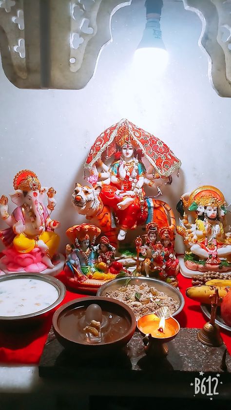 Durga Puja Home Decoration, Durga Maa Decoration At Home, Navratri Puja At Home, Navratri Pooja At Home, Navratri Snapchat Stories, Navratri Pooja Decoration At Home, Ancient Egypt Projects, Red Bull Drinks, Ganesha Rangoli