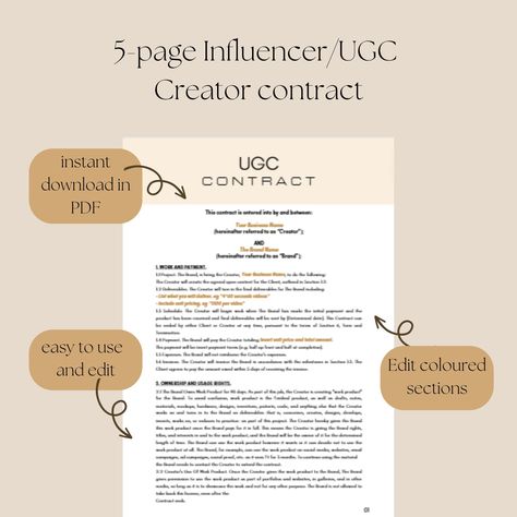 UGC Contract Template - are you ready to take your UGC Creator business to the next level? Make an impact and impress brands with this fully customizable 5-page contract template! This is a Canva template that will help you when wanting to protect yourself in the deals! These UGC Canva Templates are 100% customizable with the FREE version of Canva - update colours, images, text, and pages to suit your needs! → WHAT'S INCLUDED: ☆ 1 PDF with the link to your template → HOW IT WORKS: 1. Download th Content Template, Ugc Content Creator, Ugc Content, Contract Template, Dec 8, Canva Templates, Website Templates, Canva Template, Content Creator