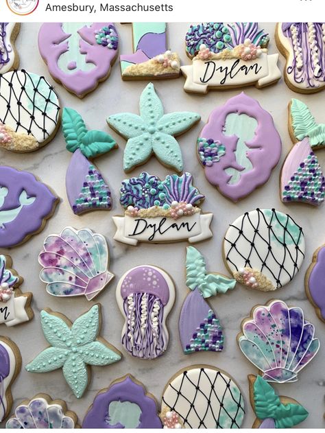 Ocean Cookies, Shell Cookies, Seashell Cookies, Mermaid Cookies, Beach Cookies, Beachy Theme, Mermaid Birthday Party Decorations, Fantasy Village, Royal Iced Cookies