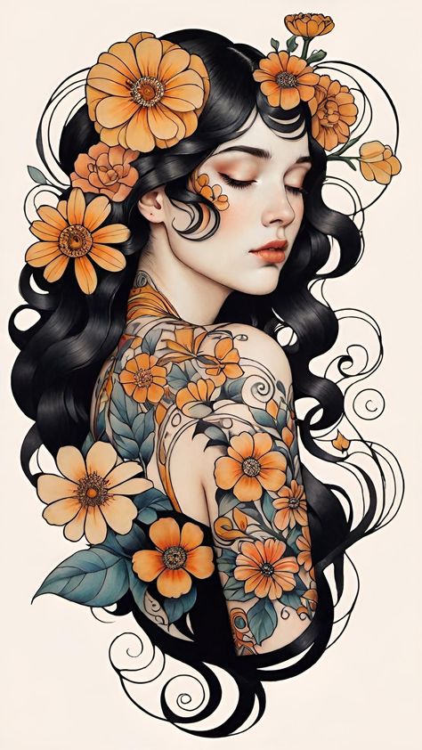 Art Nouveau Woman Tattoo, Neo Traditional Woman, Mucha Tattoo, Mujeres Tattoo, Art Nouveau Mucha, Nouveau Tattoo, American Traditional Tattoo Ideas, Girl Face Tattoo, Traditional Tattoo Ideas