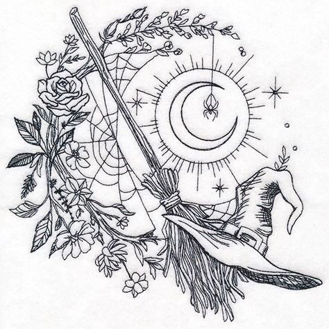 Midnight Witches Wreath | Urban Threads: Unique and Awesome Embroidery Designs Witches Cauldron Drawing, Witchy Sketches, Witchy Drawing Ideas, Witchy Tattoo Designs, Witches Wreath, Best Feminine Tattoos, Witch Embroidery, Wiccan Tattoos, Mushroom Patch