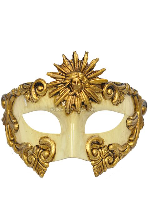 God of the Sun Masquerade Mask (Gold) features an ivory half mask adorned with Greek inspired designs in shimmering gold for a look that is powerful and commanding. With this regal masquerade mask, you'll be sure to make an impression at your event! Moon Masquerade Mask, Sun Mask, Masquerade Prom, Gold Masquerade Mask, Mens Masquerade Mask, Venetian Masquerade Masks, Mask Shapes, Pagan Crafts, Venetian Masquerade