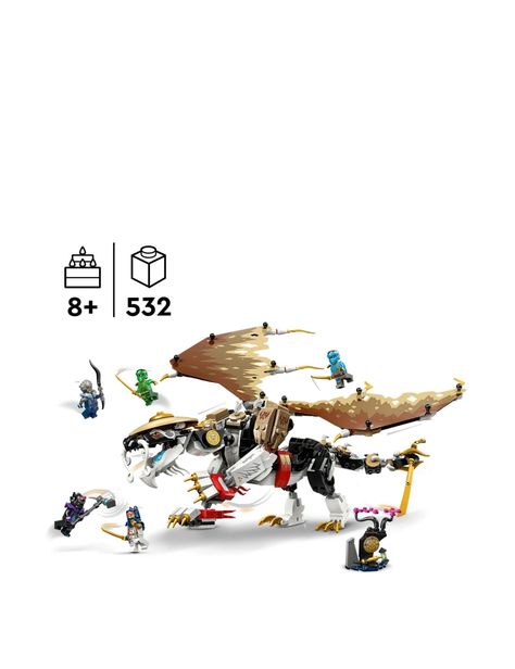 Kids can recreate thrilling adventures from season 2 of the NINJAGO Dragons Rising TV show with this large Egalt the Master Dragon (71809) toy playset for 8+ year old boys and girls. This is the first-ever Master Dragon toy in the NINJAGO range and features posable legs, tail, head and foil wings, its own sword accessory, and a holder for katana accessories on its back. This ninja toy set comes with 5 LEGO NINJAGO minifigures ninja warriors Lloyd, Nya, and Sora, all armed with toy sword elements, and the villainous duo of Lord Ras with a hammer, and Cinder with a sword accessory so kids can play out ninja battle action. There is also a small brick-built tree containing the magic mallet and gong of shattering accessories, which these NINJAGO characters are battling to win. LEGO NINJAGO buil Ninja Toy, Ninja Toys, Ninjago Minifigures, Lego Ninjago Minifigures, Ninja Battle, Dragon Ninja, Ninjago Characters, Ninjago Dragons Rising, Ninjago Dragon